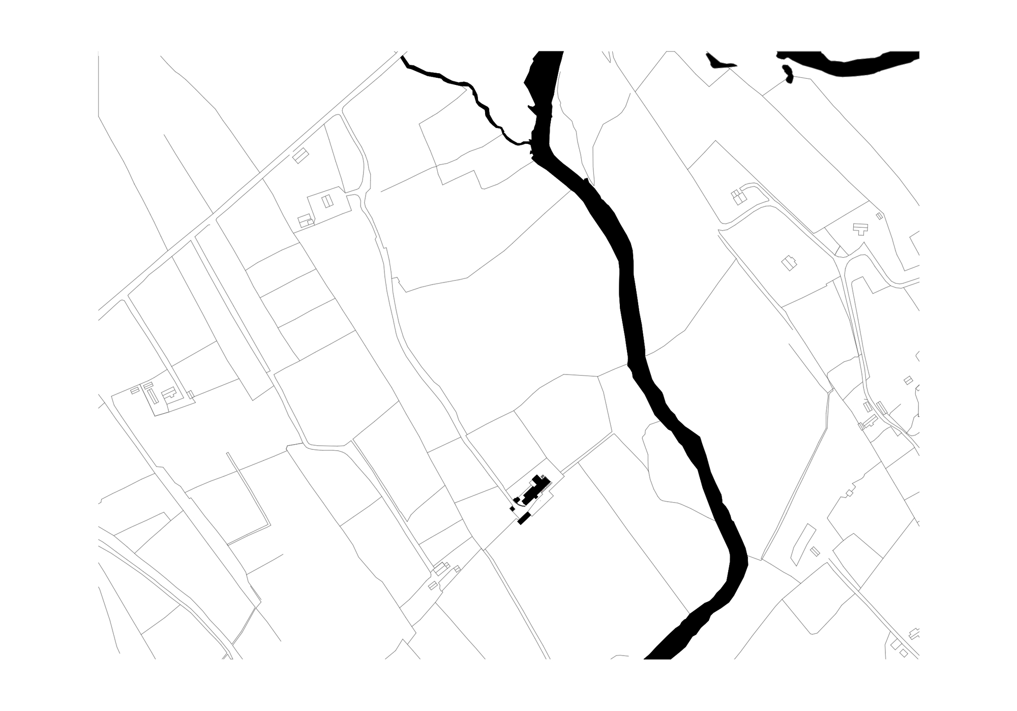 Site plan drawing showing the building footprint adjacent to a river and surrounding structures