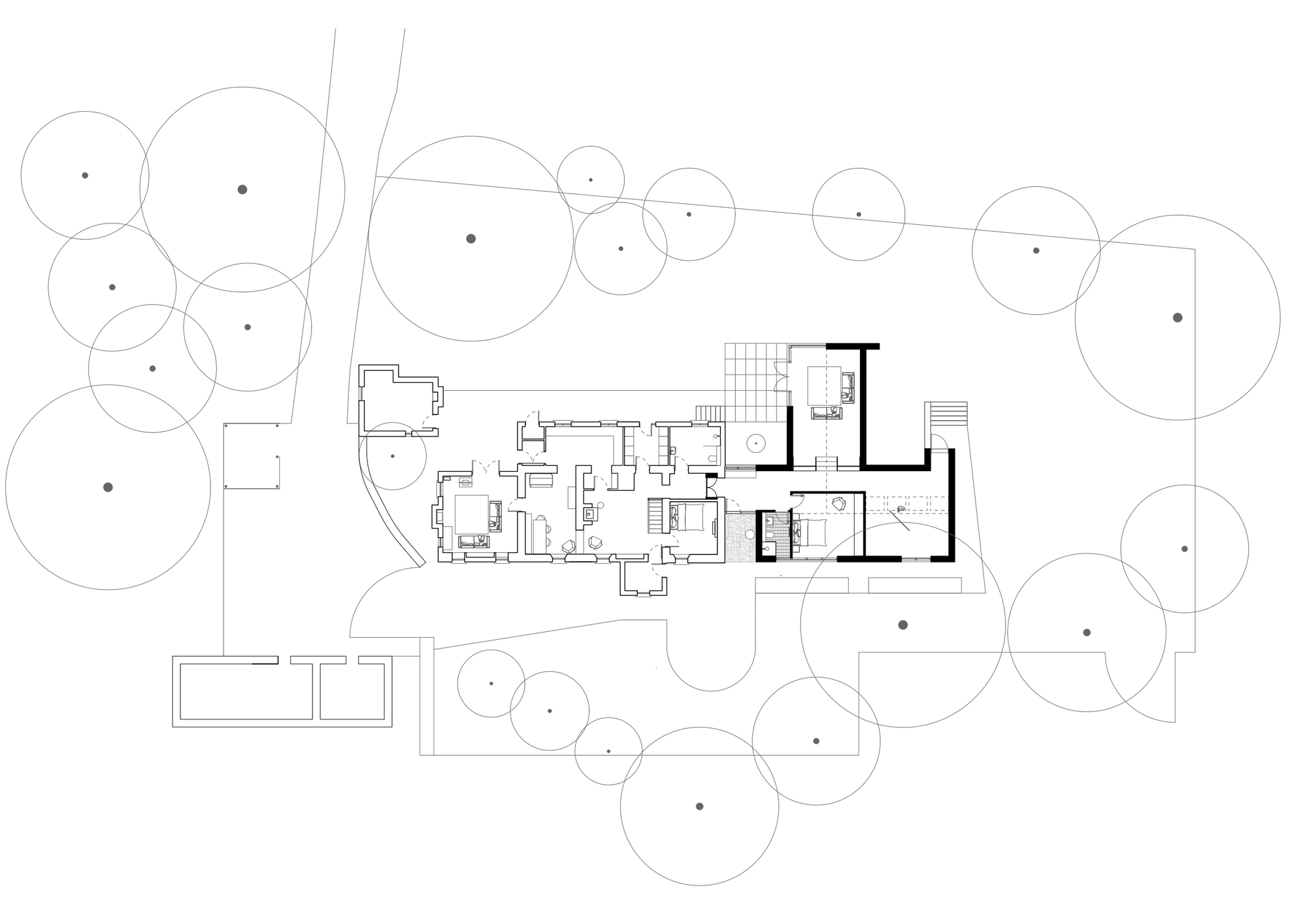 Floor plan drawing showing the linear interior layout with circular tree canopies around the perimeter