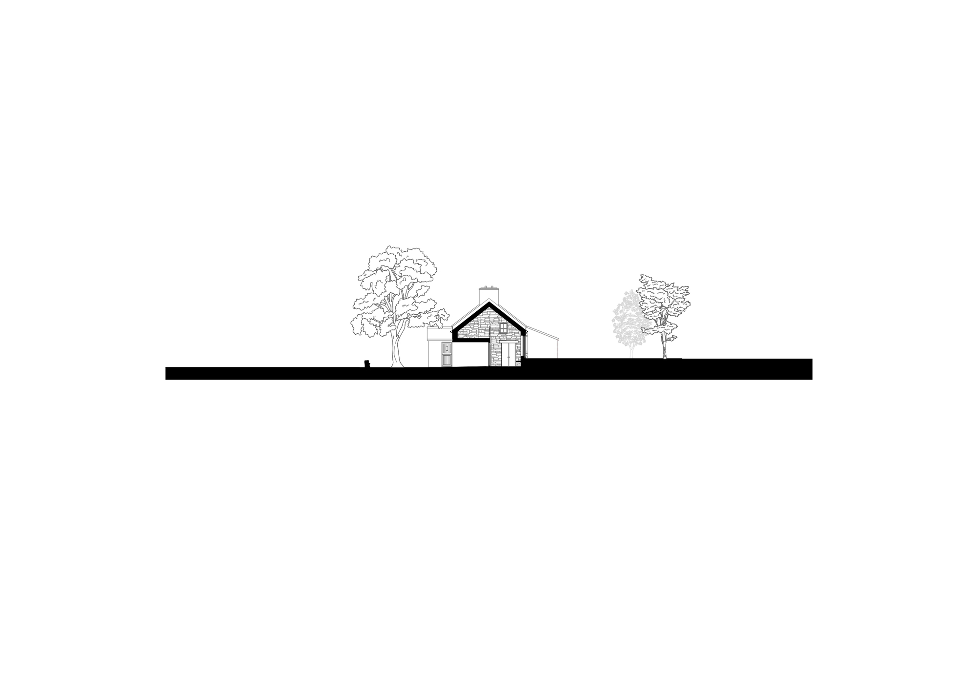 Elevation drawing showing a gabled volume with glazed ends flanked by two mature trees