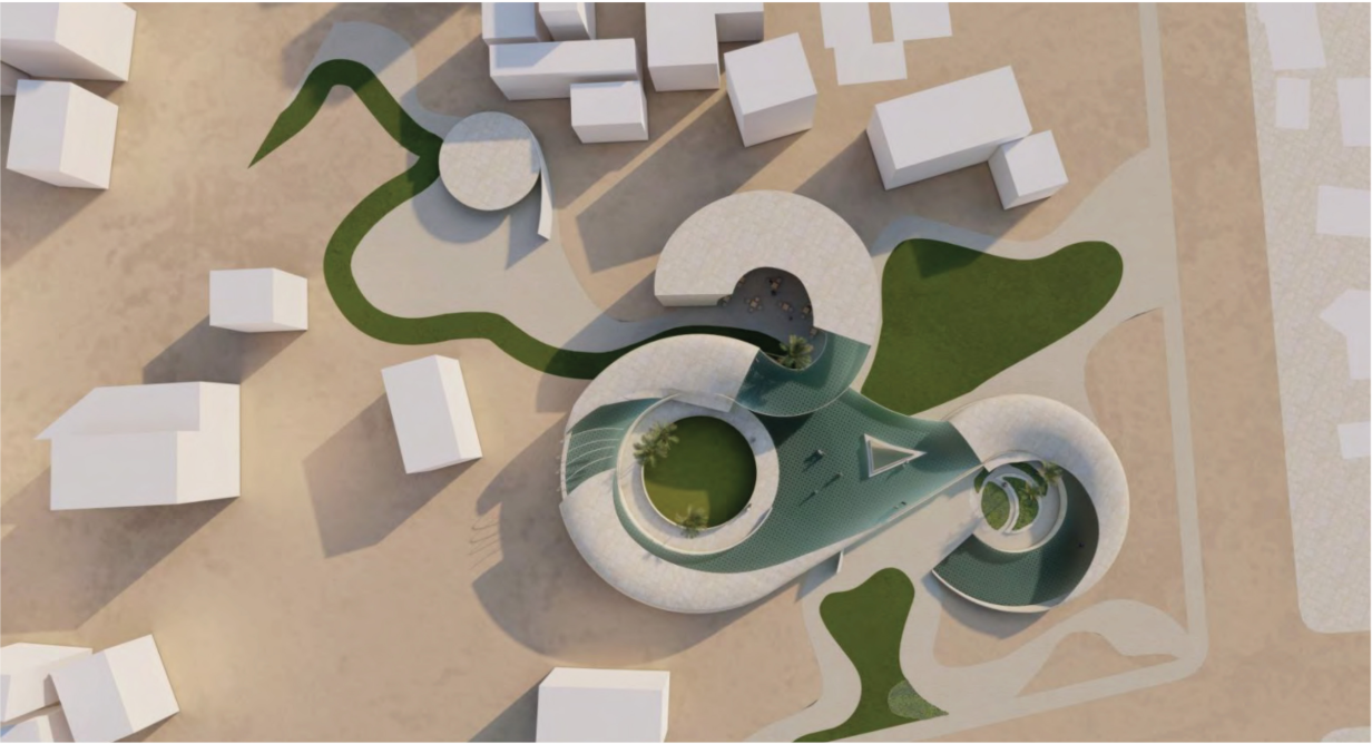 Aerial view showing THE LINK’s interconnected circular forms, landscaped courtyards, and flowing pedestrian network