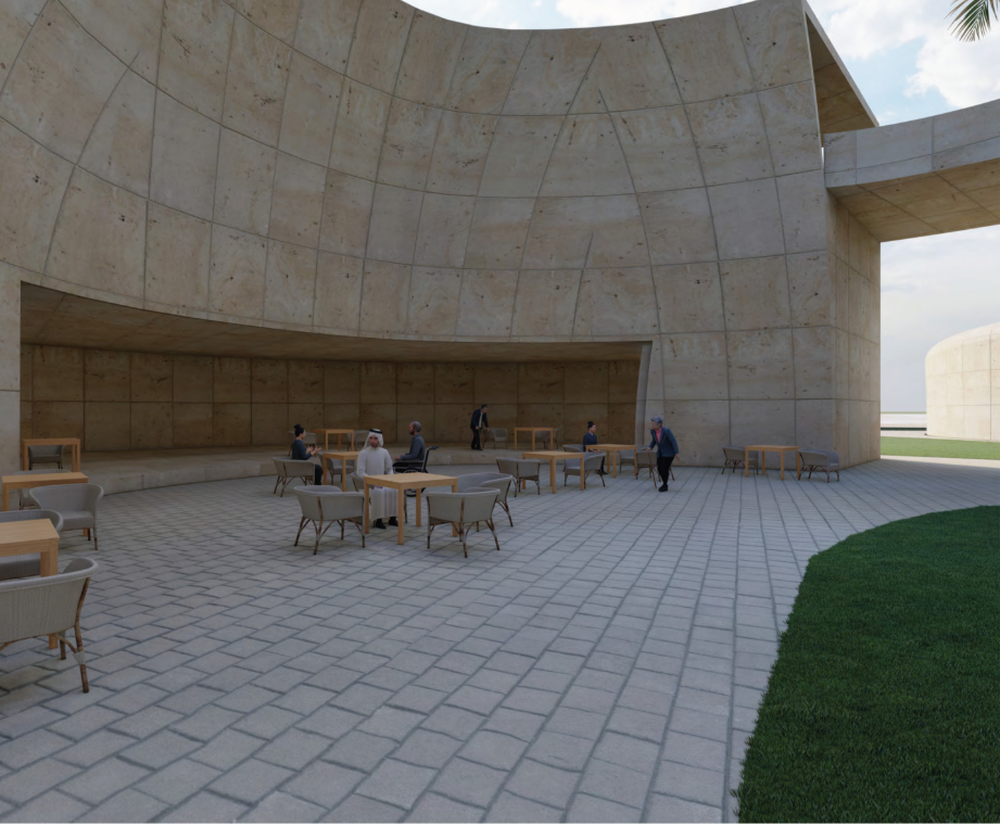 Curved concrete walls frame a sheltered communal courtyard designed for gathering, dining, and everyday social interaction
