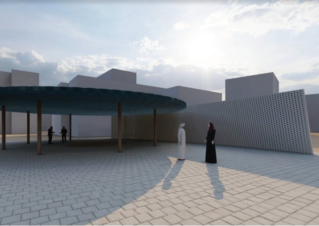 A shaded outdoor plaza uses perforated screens and lightweight canopy structures to create a comfortable community space