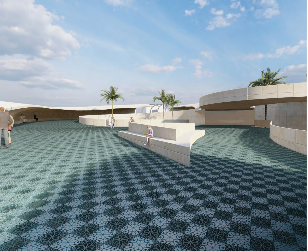 The central public realm combines patterned paving, integrated seating, palms, and fluid architectural forms to encourage social exchange