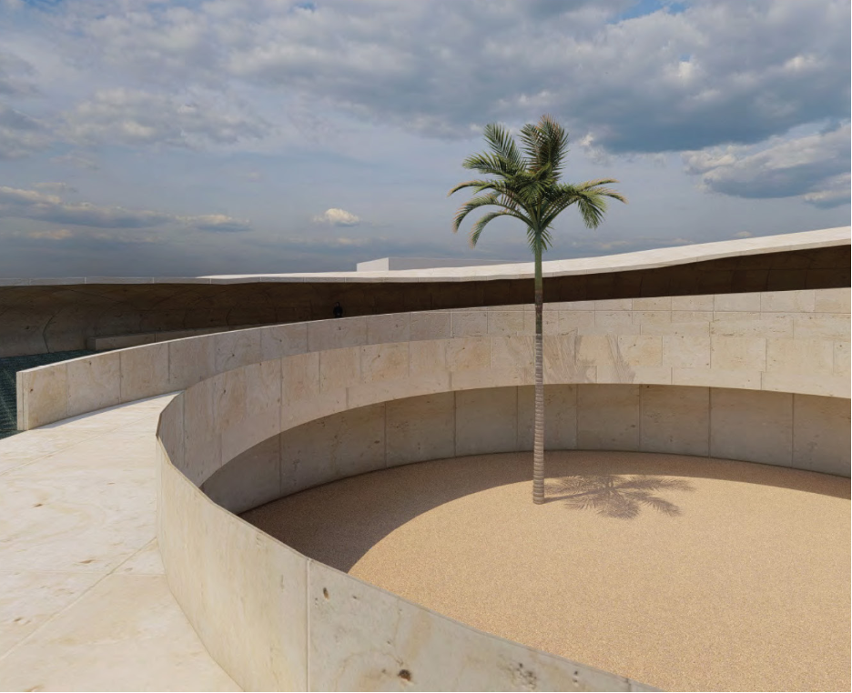A palm-centered circular courtyard creates a calm, protected outdoor space within THE LINK’s flowing architectural landscape
