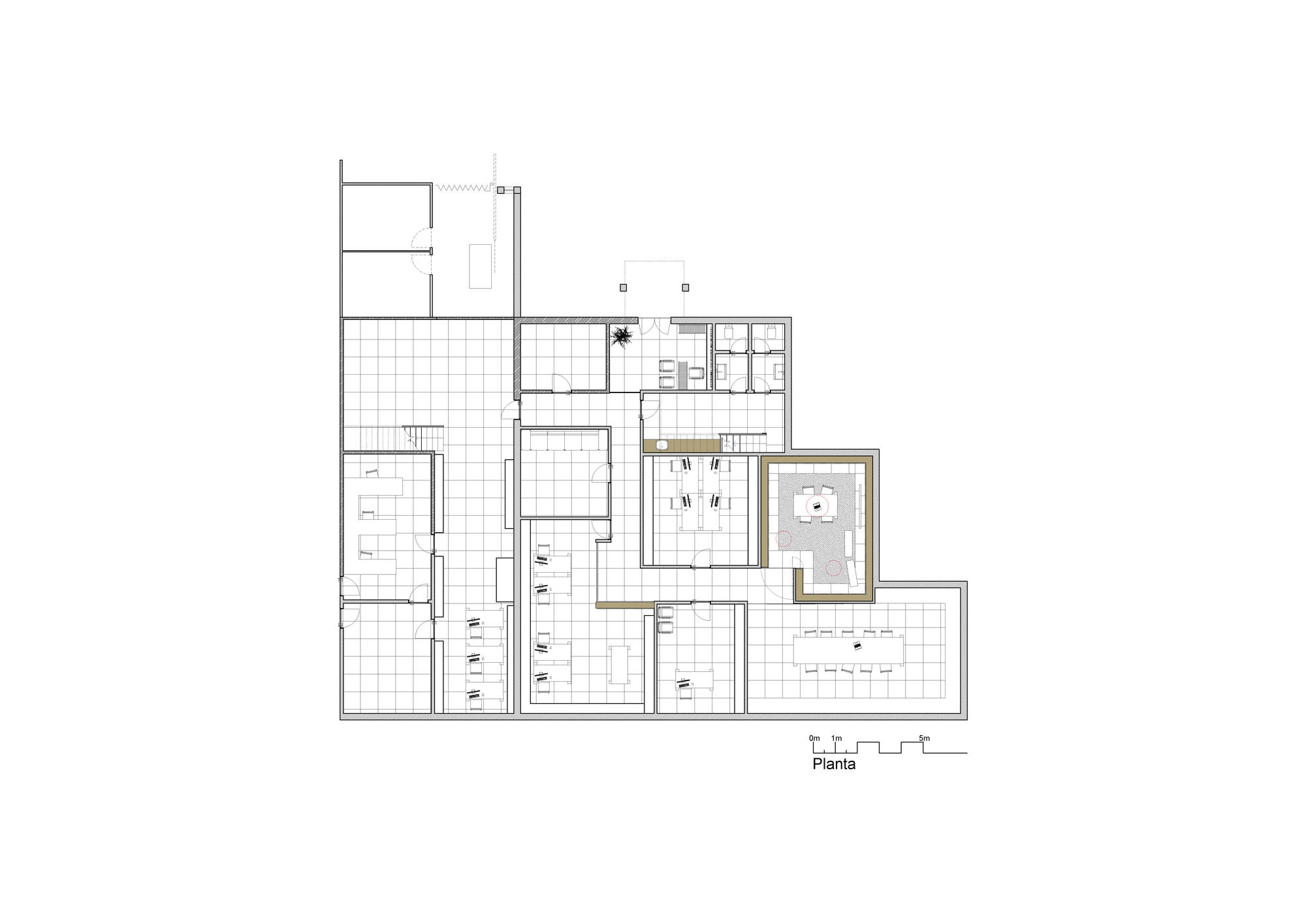 Floor plan drawing showing office rooms, meeting spaces and a long table terrace arranged around a central core with a highlighted timber-edged room