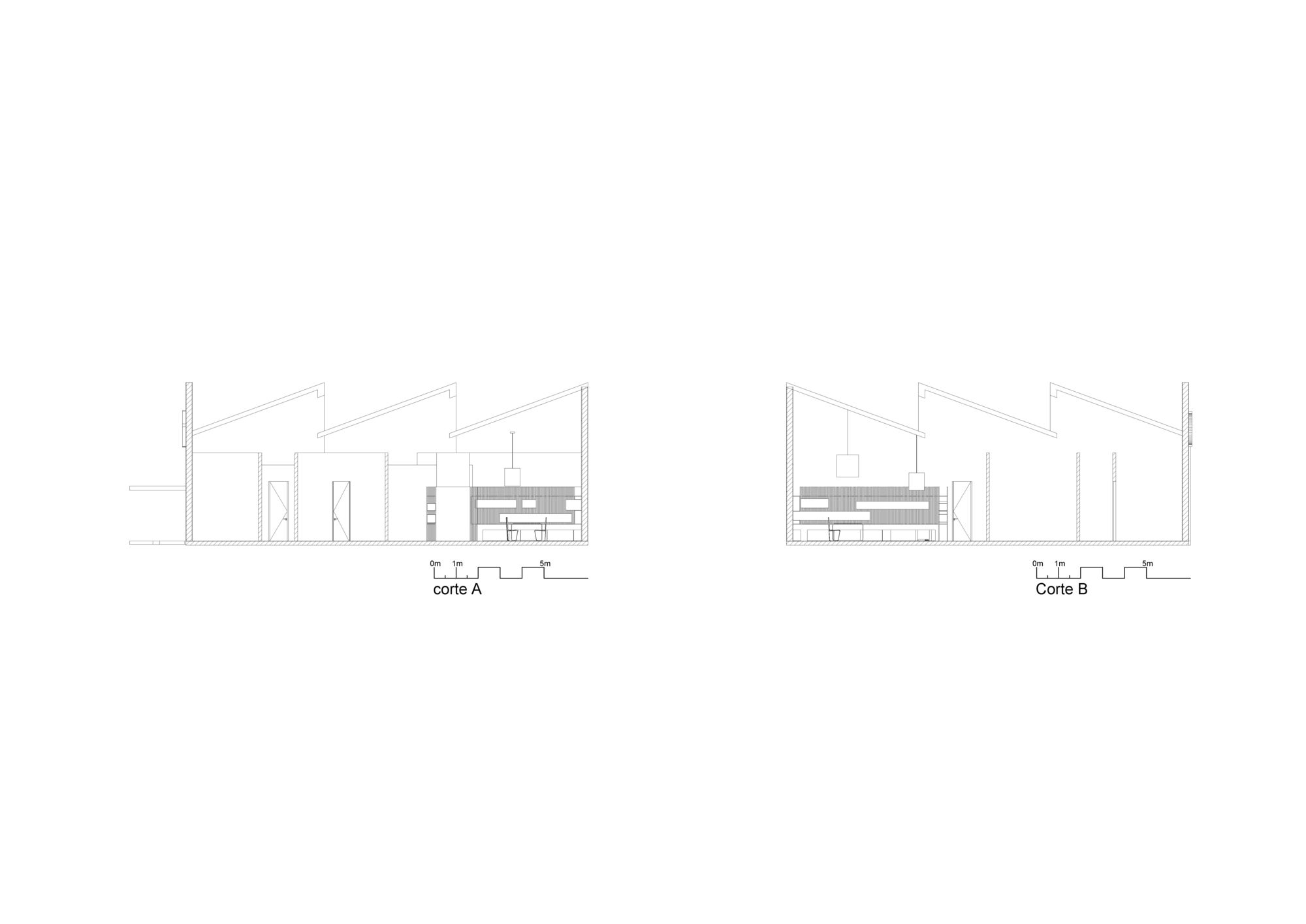 Two building section drawings, labeled A and B, showing sawtooth sloped roofs over interior partitions and a long shelving wall