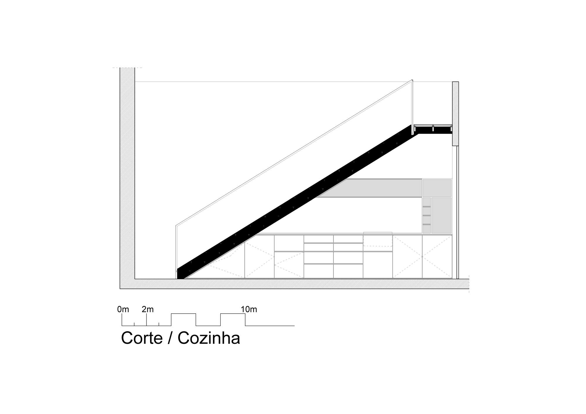 Section drawing of the kitchen showing a long inclined black stair above a run of base cabinets and upper units