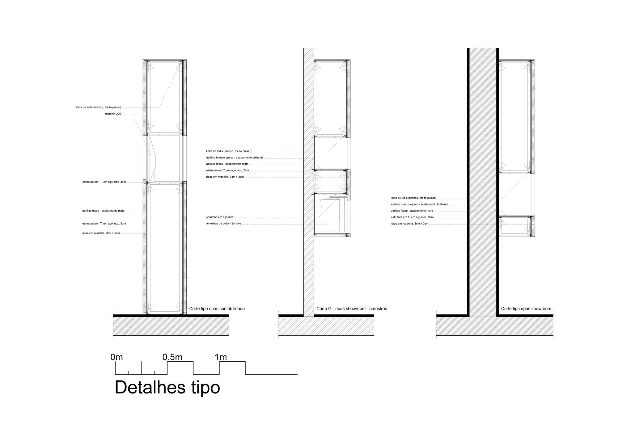 Detail section drawings of slatted display panels with LED lines, acrylic faces and steel T-profiles, shown in three typical wall conditions