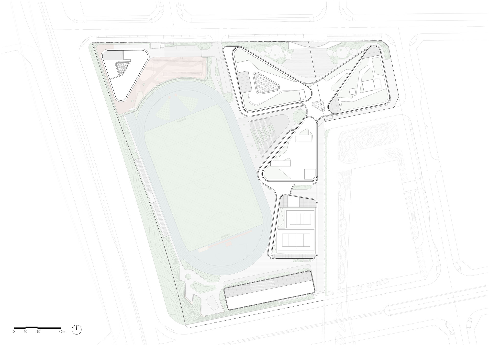 Site plan drawing showing triangular building cluster around central sports field and oval track