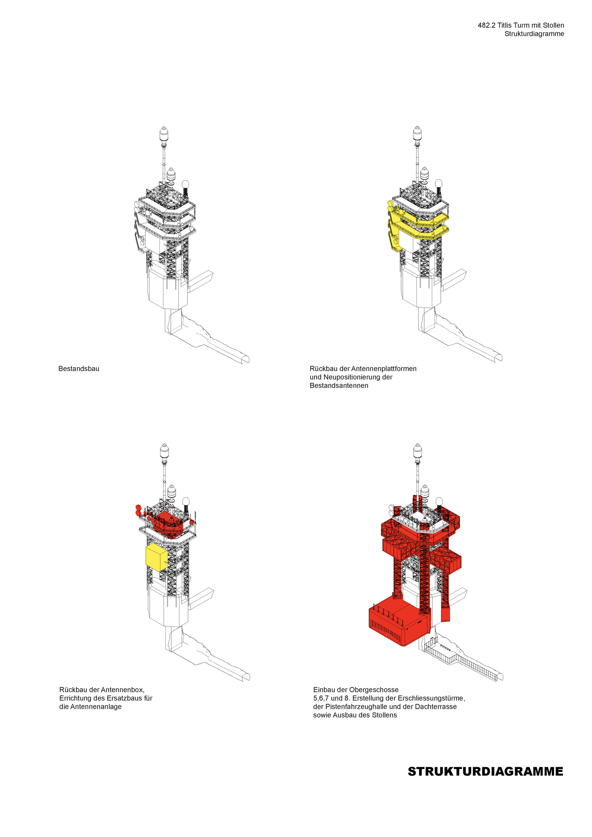 Axonometric structural diagram sequence showing construction phases with yellow and red components highlighted progressively