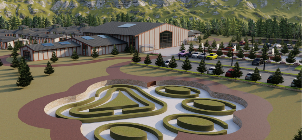 Aerial rendering showing three lobed sunken planters bordered by pathways near residential volumes and parking area