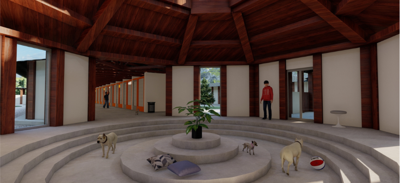 Interior timber pavilion with exposed roof framing, concentric seating rings, and dogs resting on cushions