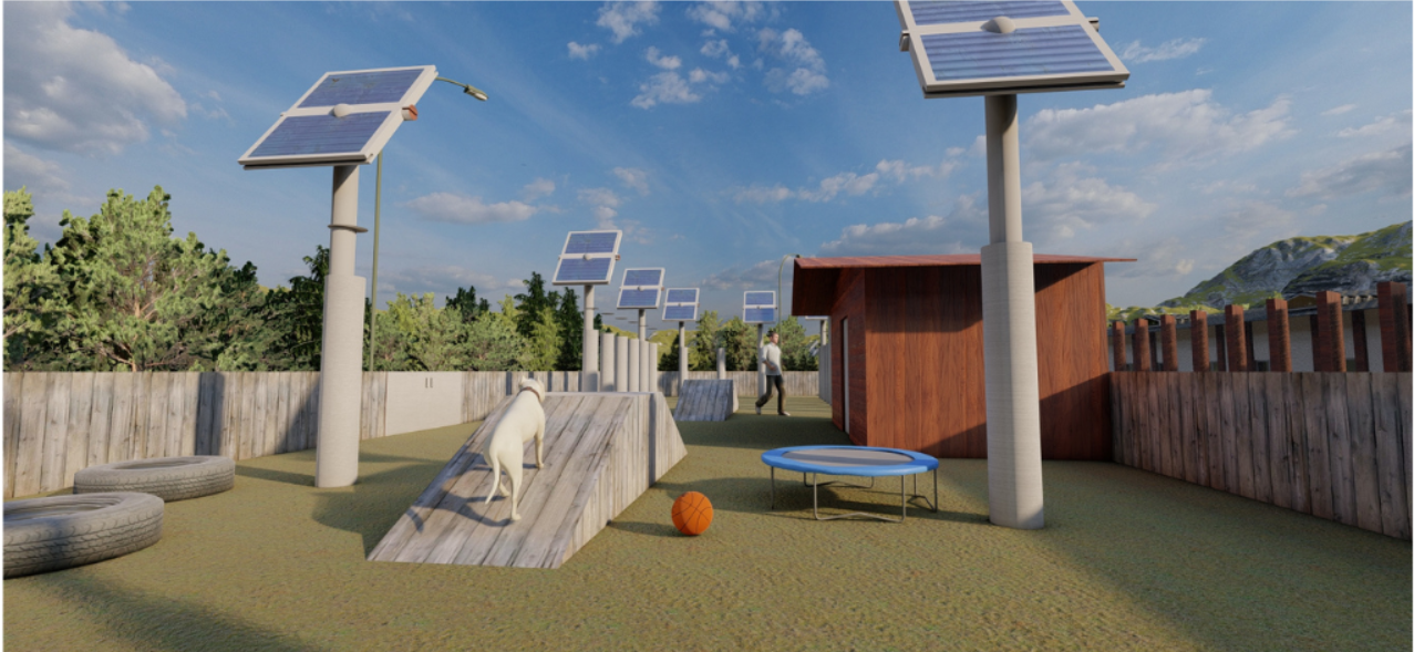 Outdoor dog play yard with ramps, solar panel canopies, and timber-clad enclosure under partly cloudy sky
