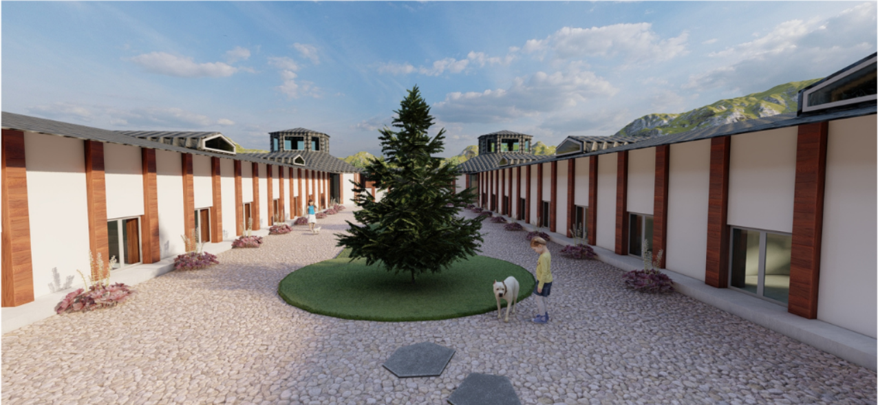 Rendered courtyard with gravel paving, striped vertical panel facades, and a central grass mound with evergreen
