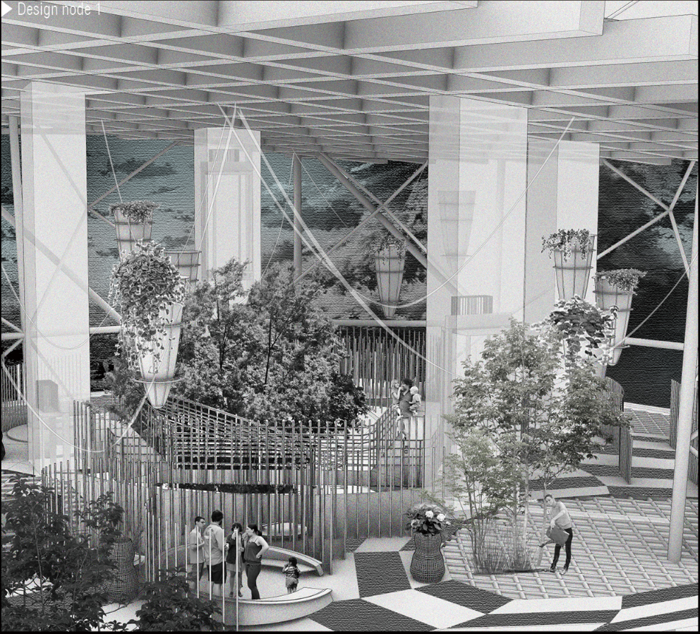 A landscaped public interior where vegetation, circulation, and community spaces coexist within the tower.