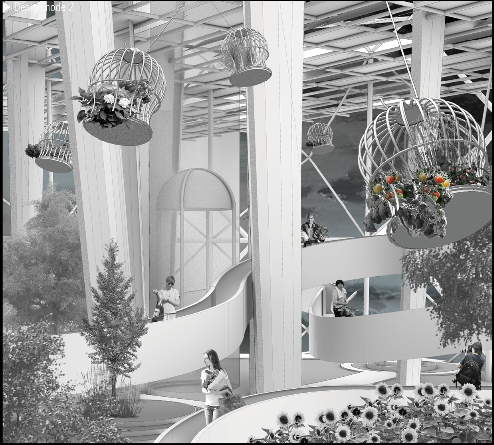 Suspended edible gardens animate the interior while supporting local food production and urban biodiversity.