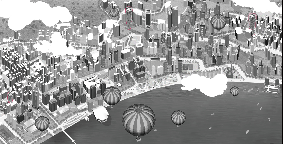 Urban Filter towers distributed across Hong Kong as a network of ecological infrastructure.