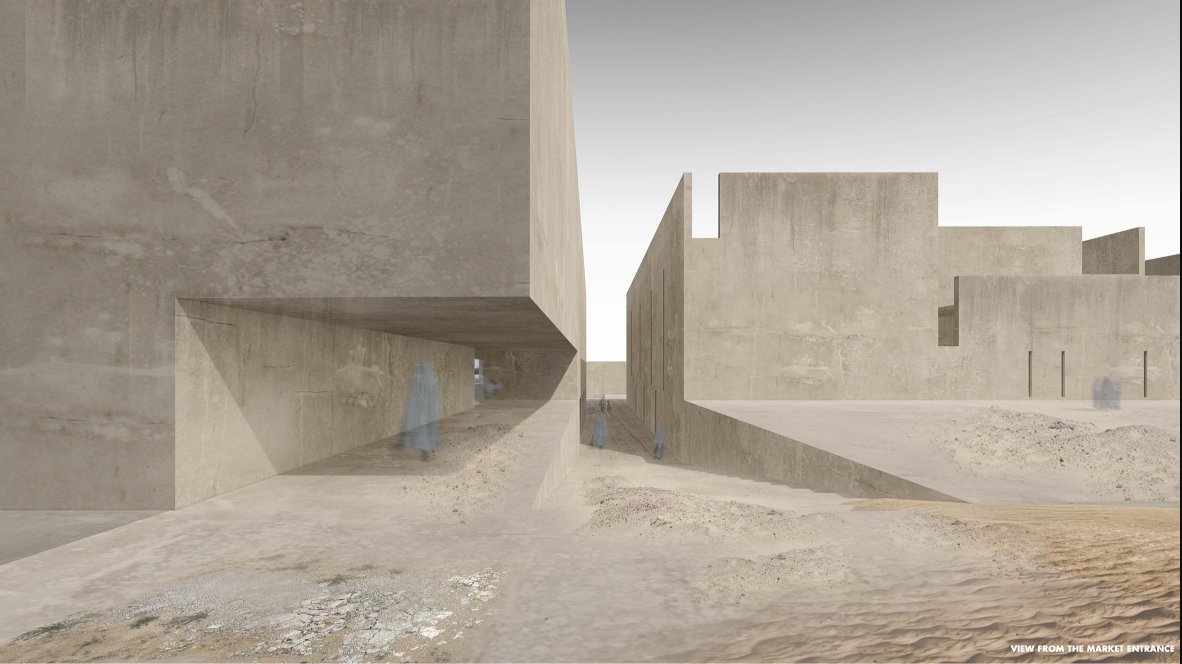 A controlled market entrance creates a guarded threshold between city and shelter.