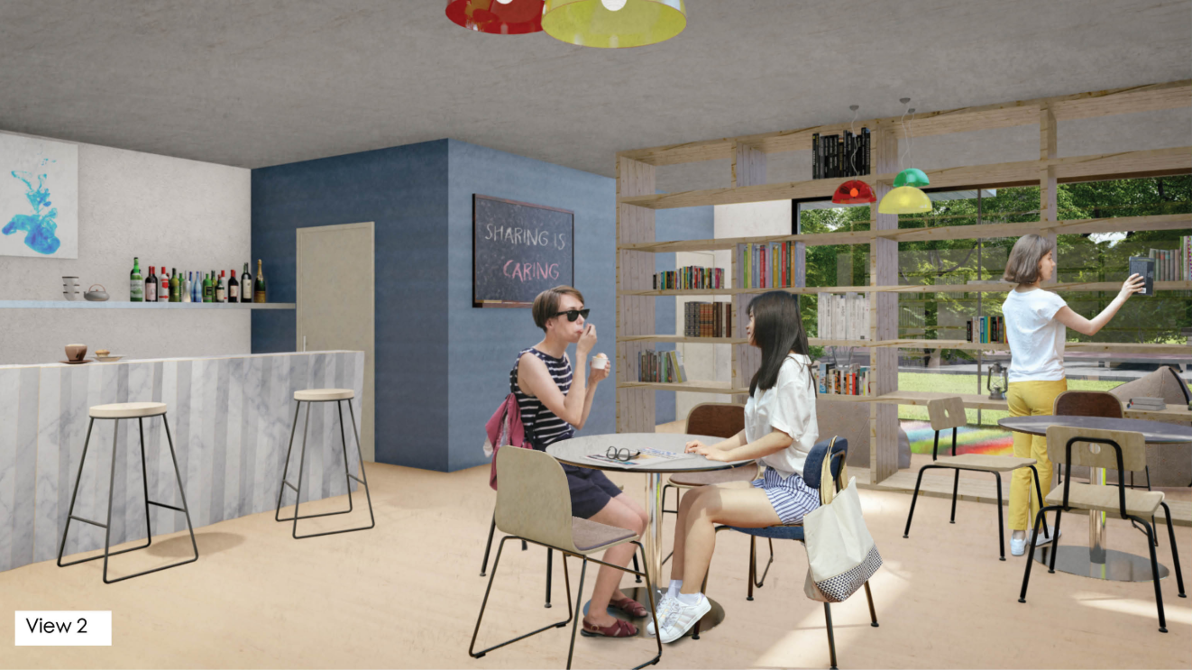 The café space blends books, conversation, food, and informal exchange inside the Human Library.