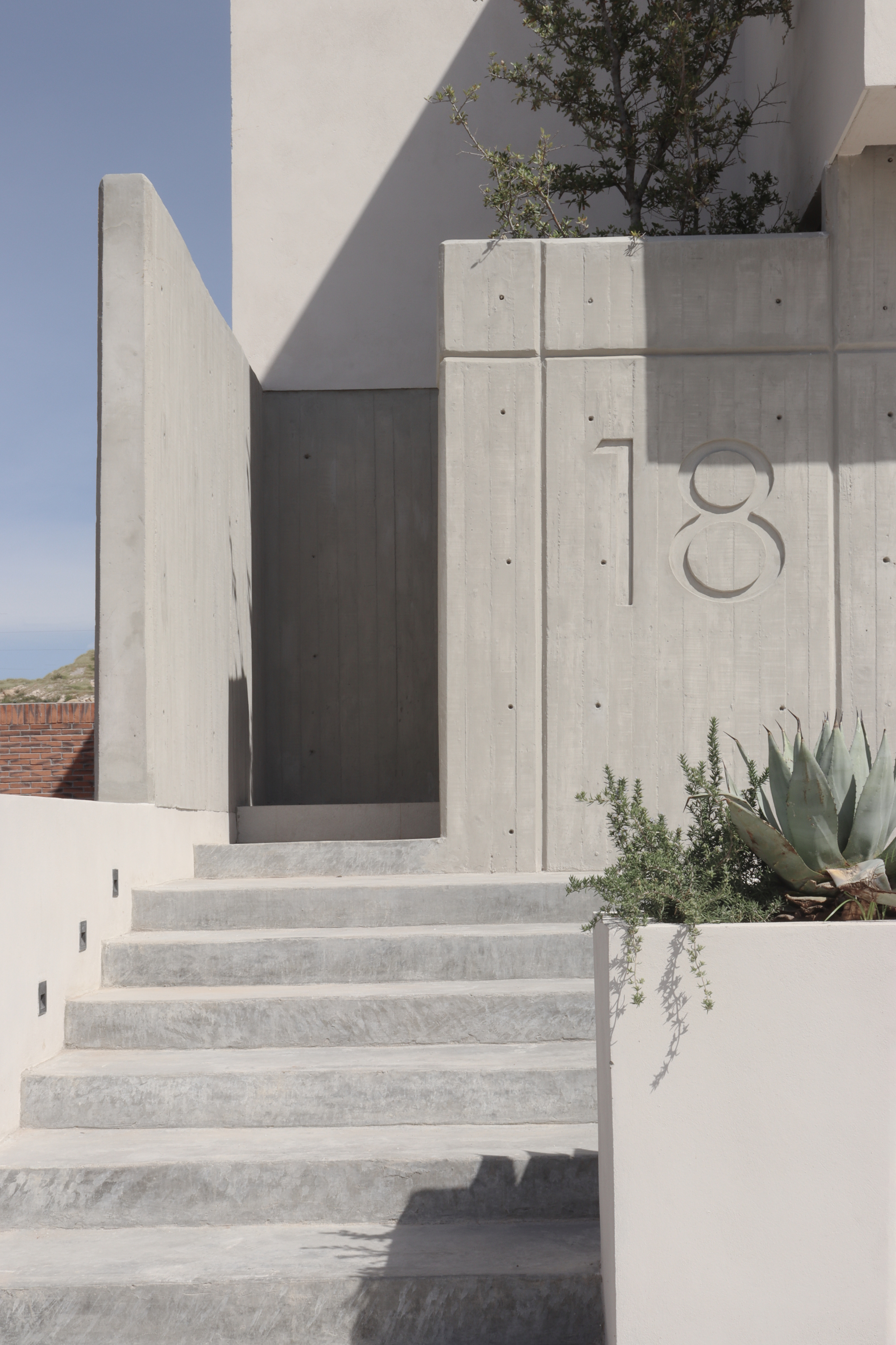Concrete entry stairs leading to board-formed walls with house numbers and a planted tree overhead