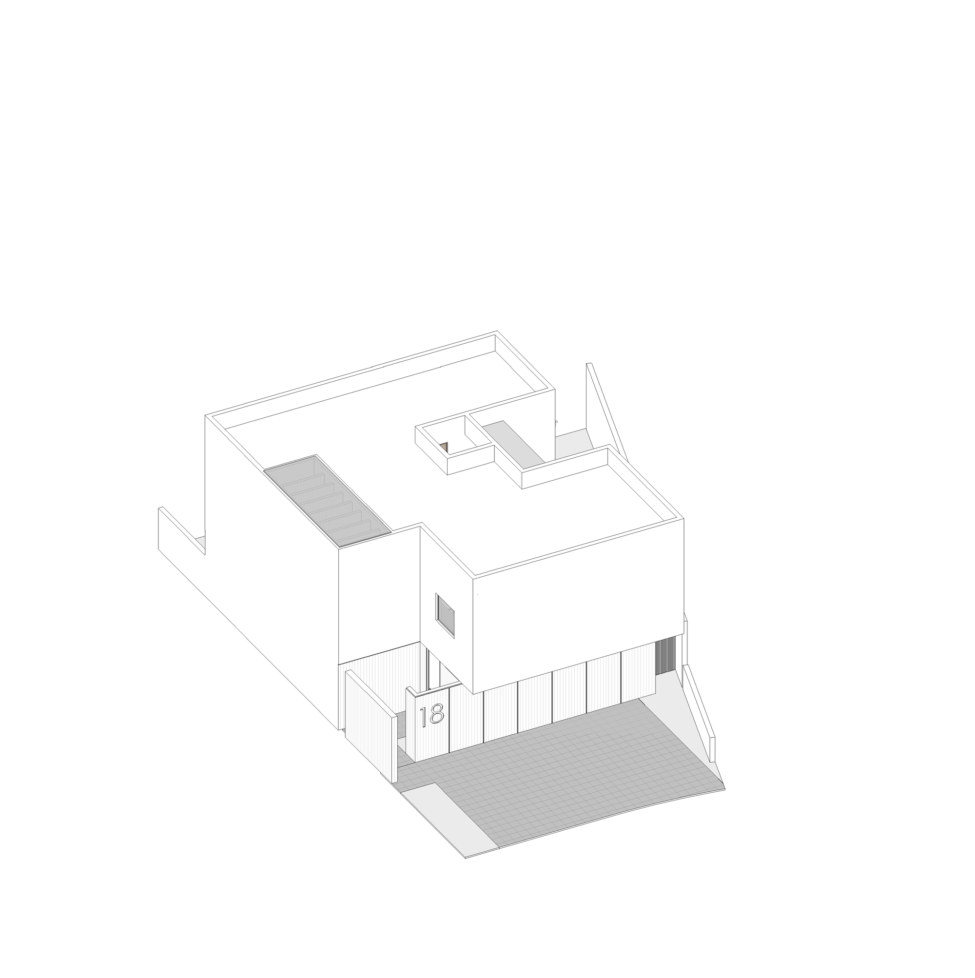 Axonometric drawing showing compact two-story volume with entry terrace and rooftop stairs