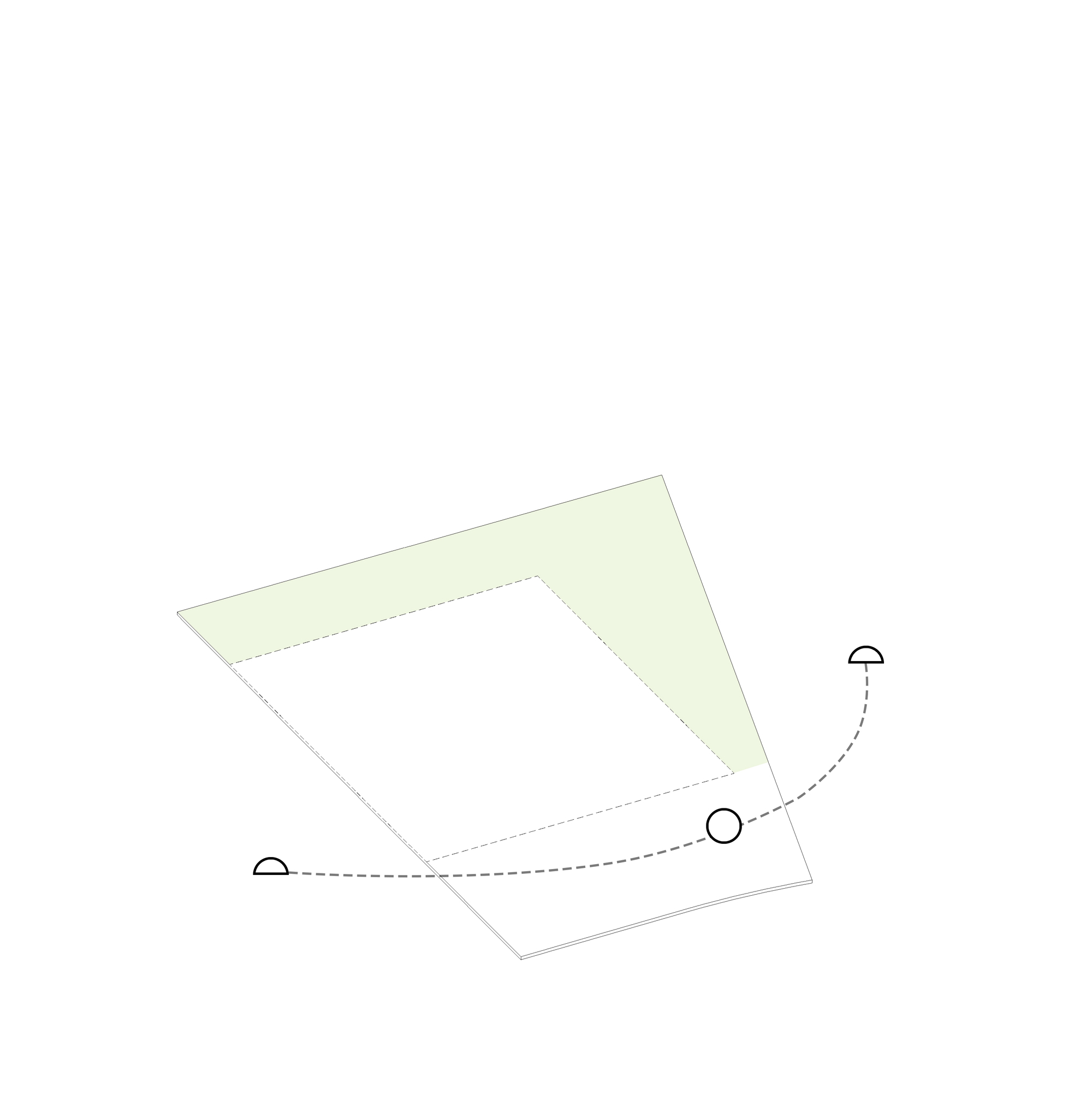 Diagram illustrating solar orientation and site relationships with dashed arcs and green shaded area
