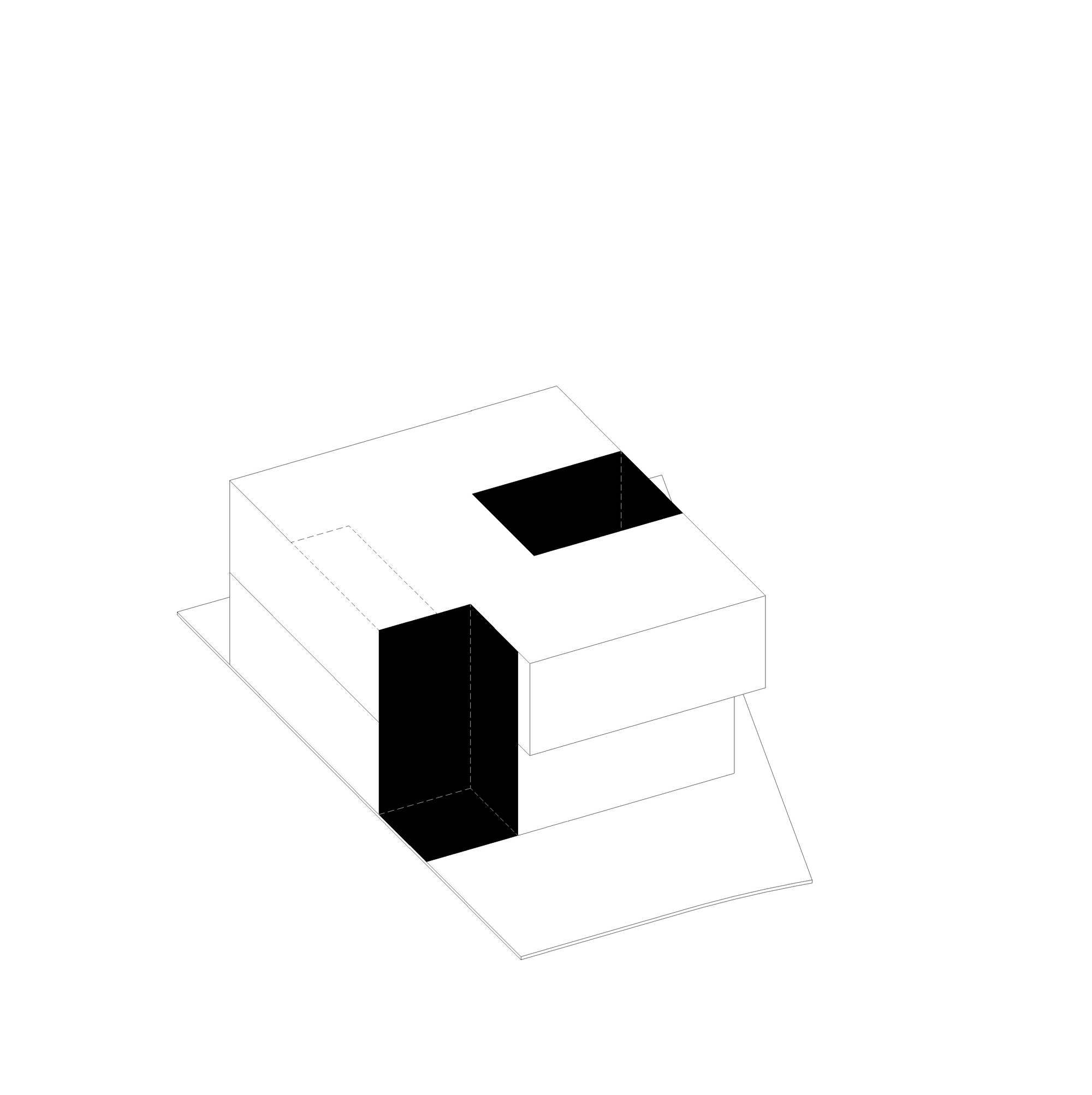 Axonometric drawing highlighting two voids carved into the cubic form in black