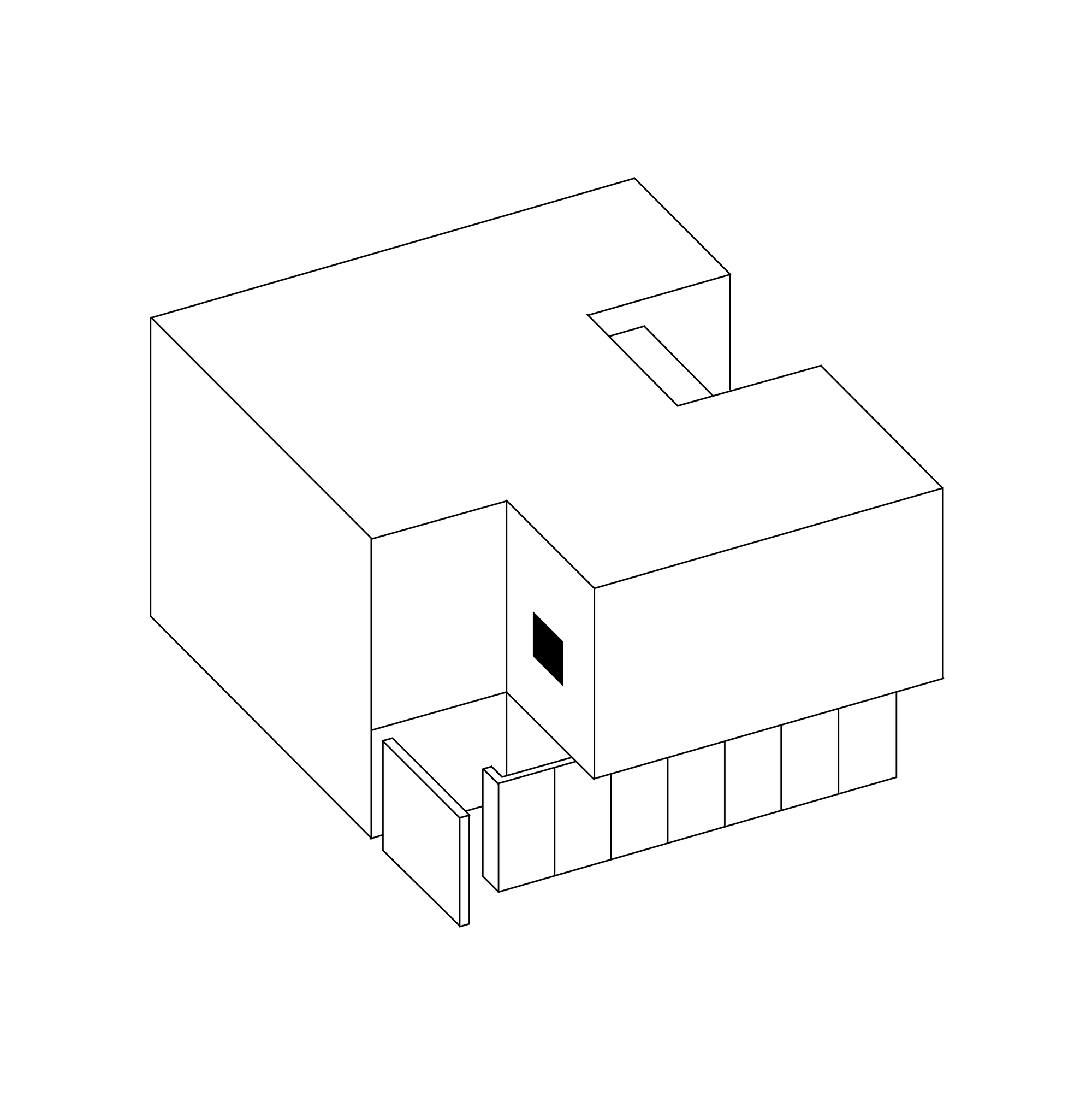 Isometric drawing displaying the entry sequence with vertical slot window and slatted facade