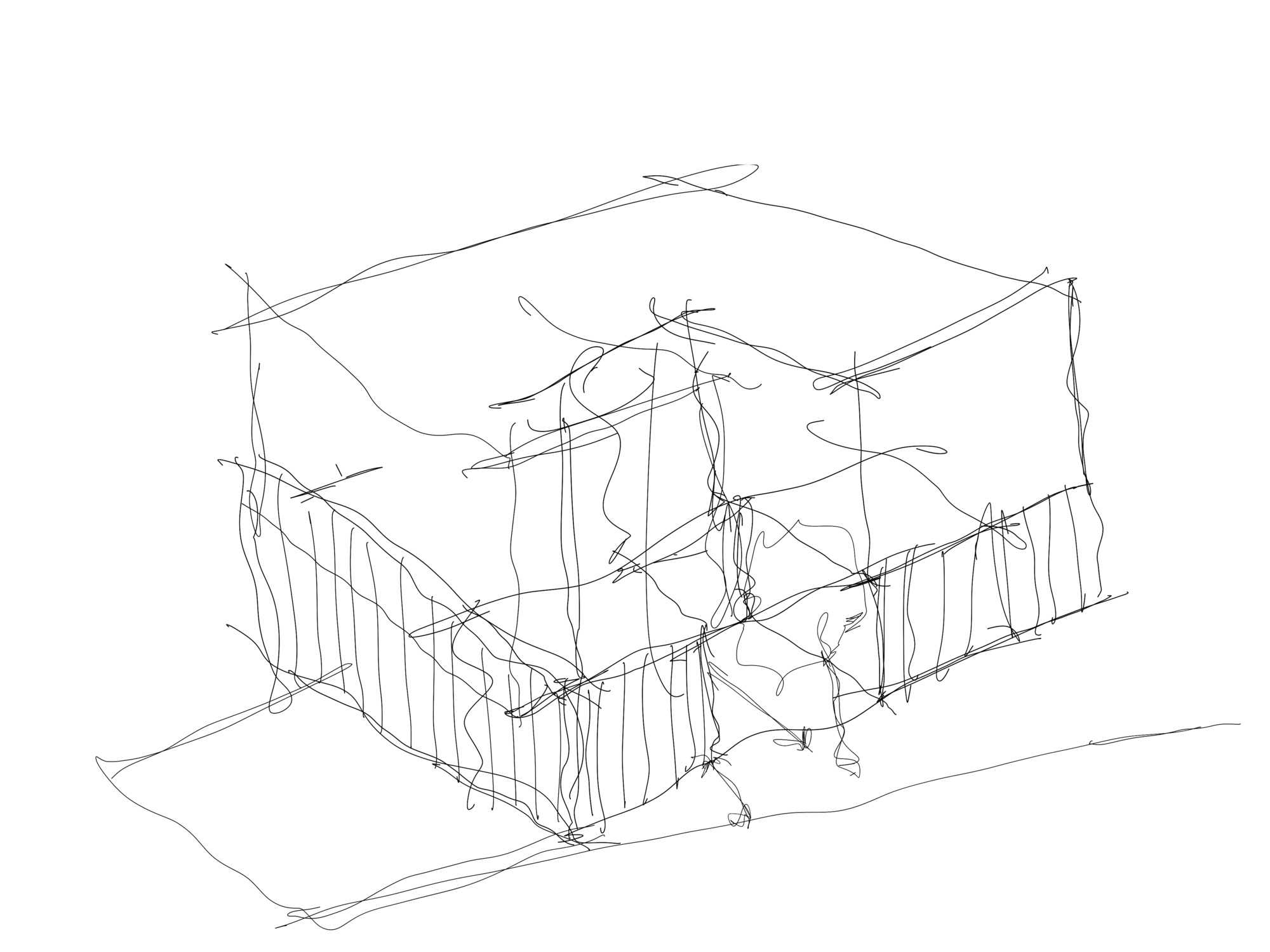 Sketch perspective showing loose freehand lines of the volumetric composition and surrounding vegetation