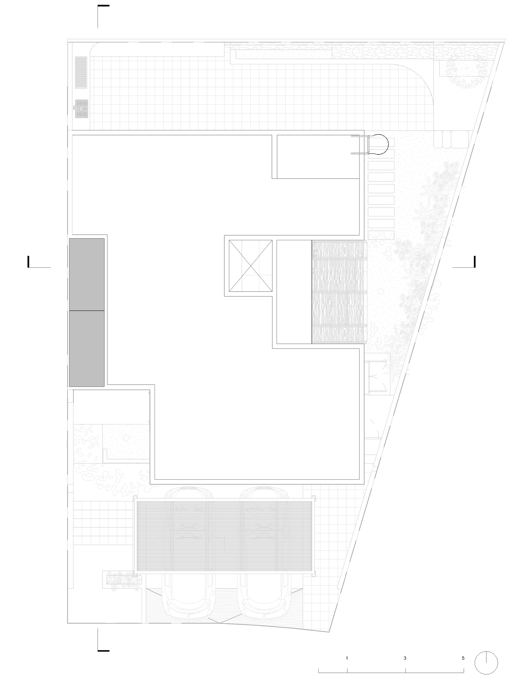Site plan drawing showing a trapezoidal plot with a linear pool, landscaped areas and irregular building footprint