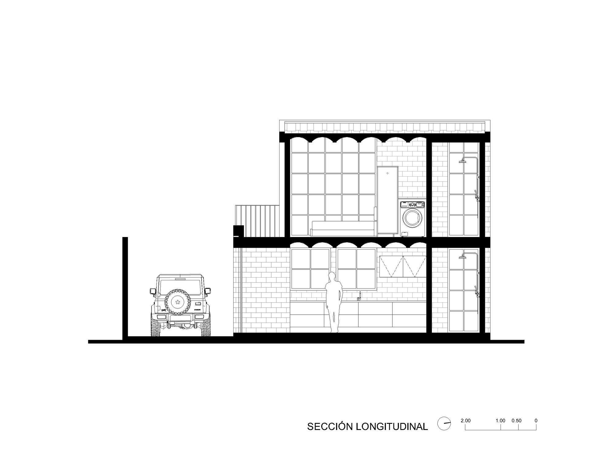 Longitudinal section drawing revealing two-story interior spaces with staircase and parked vehicle