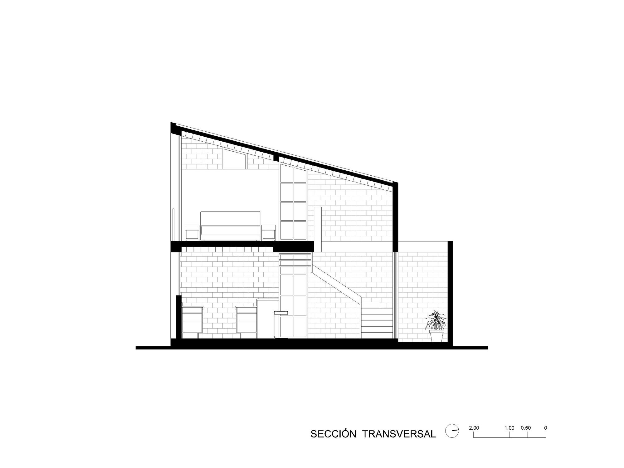 Transverse section drawing showing sloped roof and split-level interior arrangement with tree at right