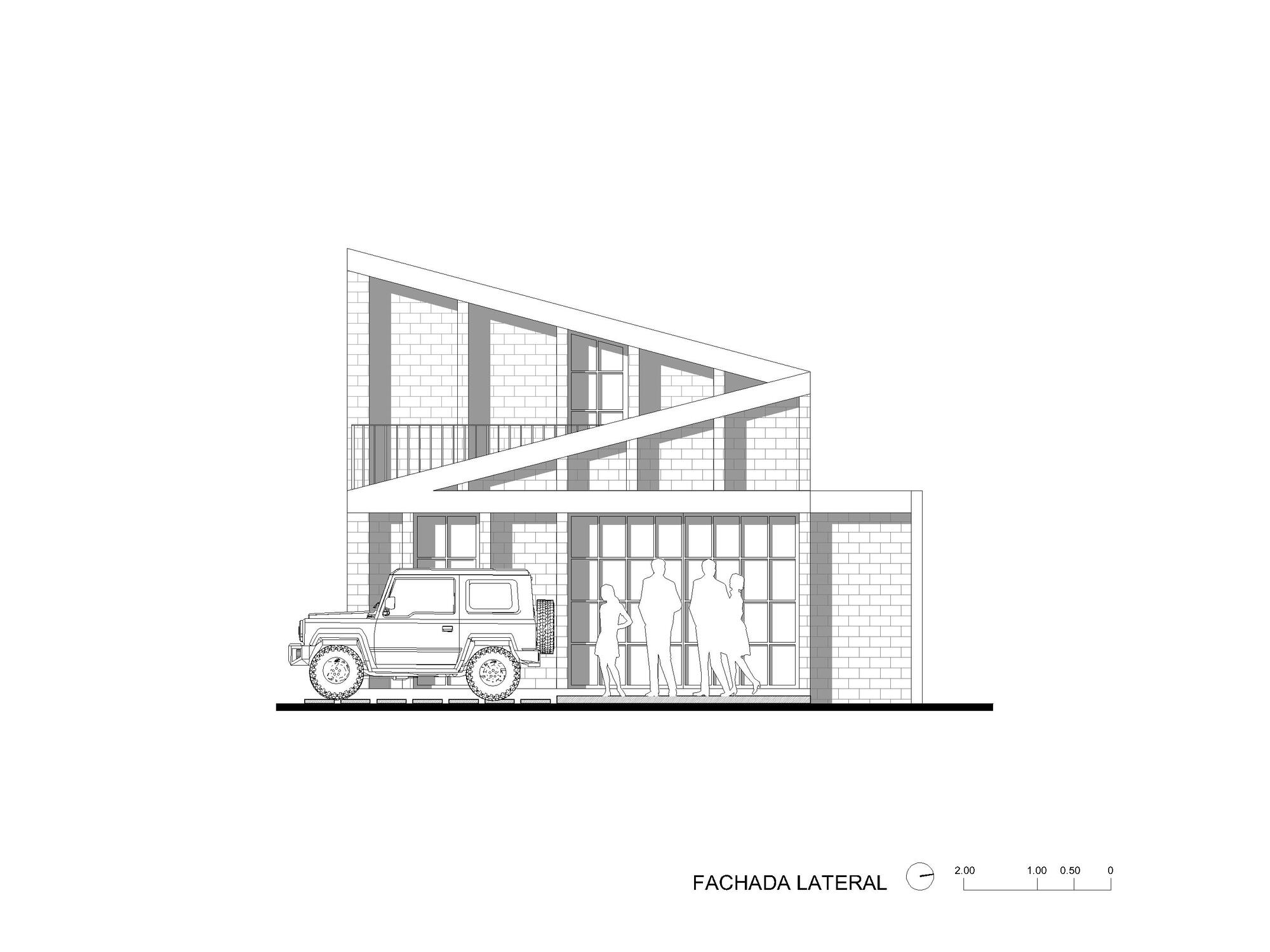 Lateral elevation drawing depicting angled roofline with grid windows and vehicle parked below
