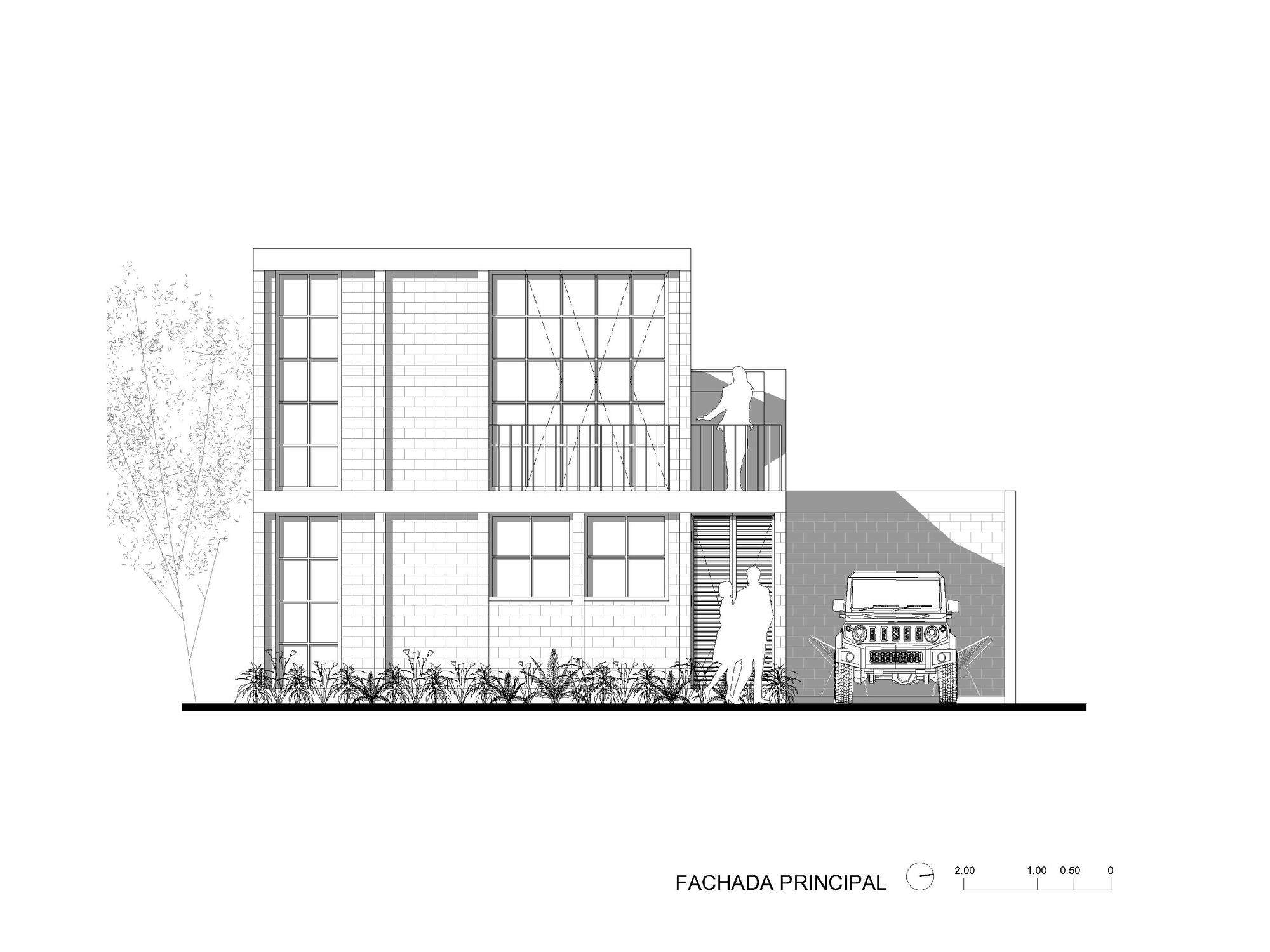 Principal elevation drawing showing two-story grid facade with planted bed and tree at left