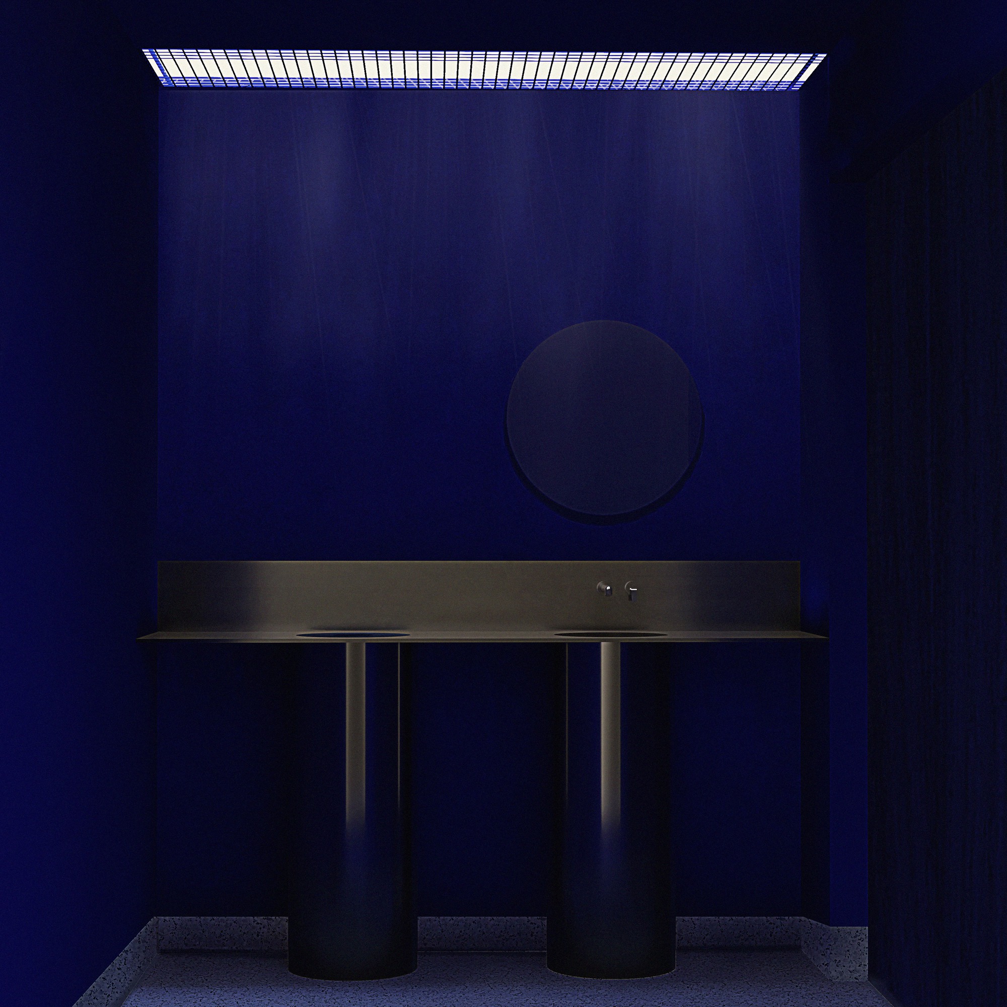 Dark blue washroom with a floating steel basin, cylindrical legs, and a gridded ceiling light