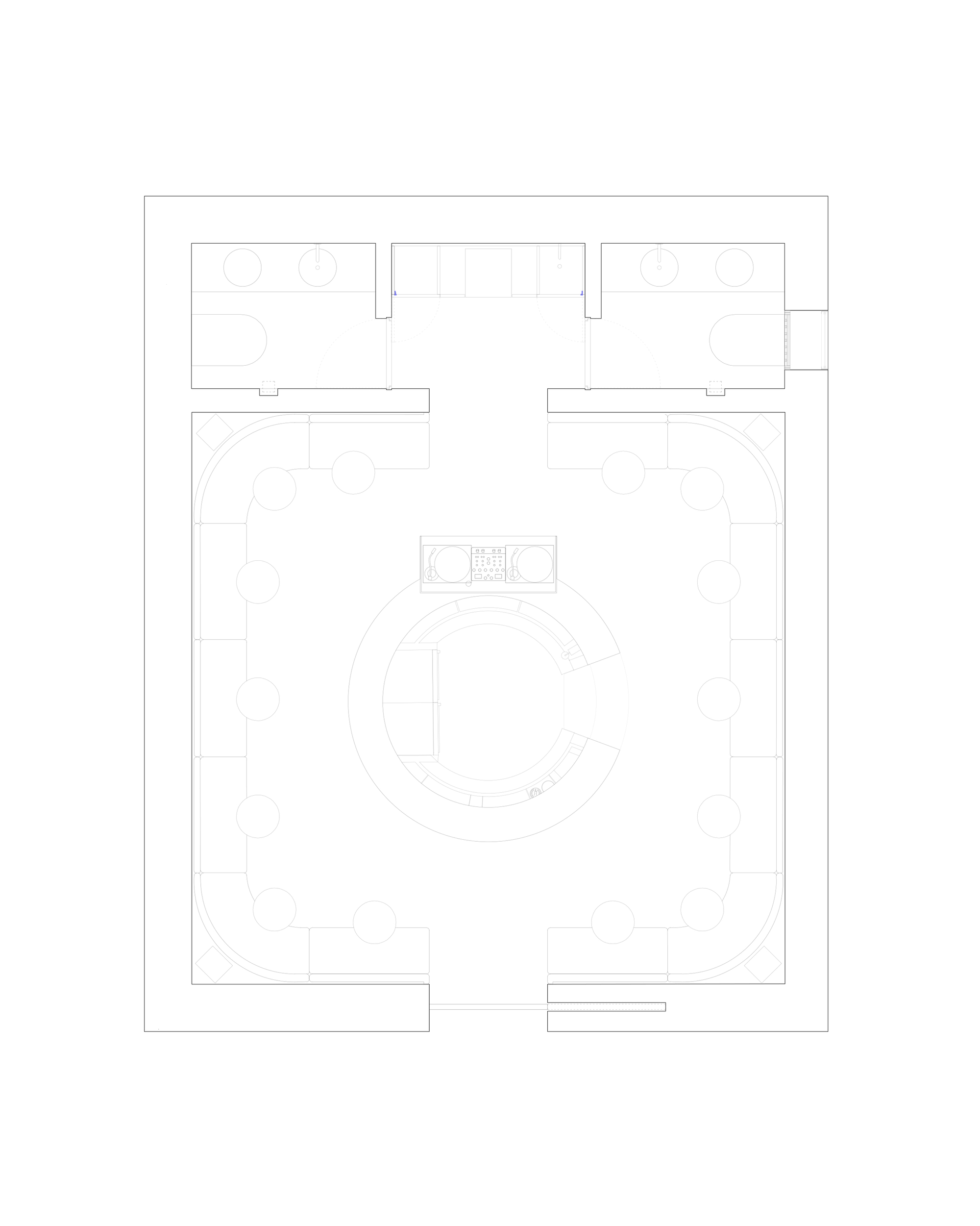 Floor plan drawing showing a curved seating area with flanking restrooms and service spaces