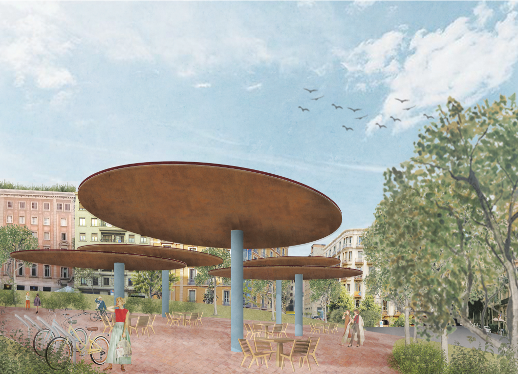 Shaded community plaza creating a vibrant, pedestrian-friendly social space within Barcelona’s urban fabric.