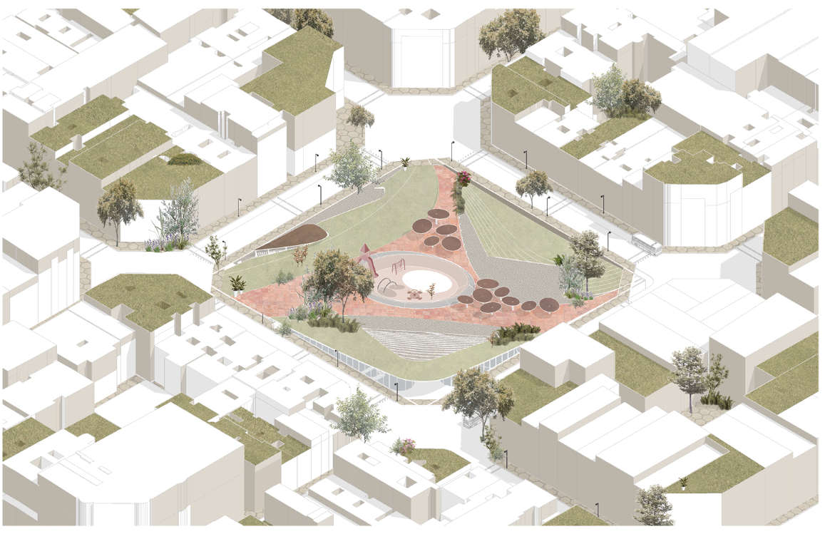 Axonometric view showing the green superblock with adaptable public spaces, rooftops, and pedestrian connections.