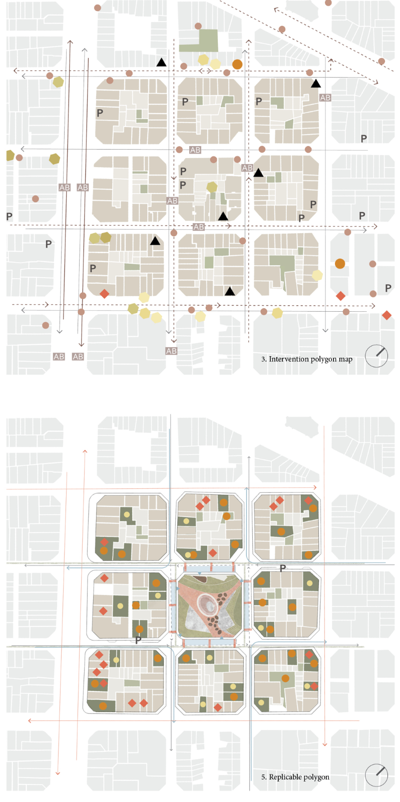 Urban strategy maps illustrating existing amenities and the replicable network of green, social, and mobility interventions