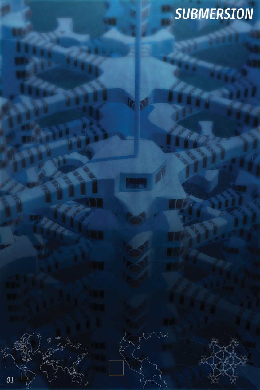 Aerial view of clustered hexagonal housing units with banded facades submerged in blue underwater light