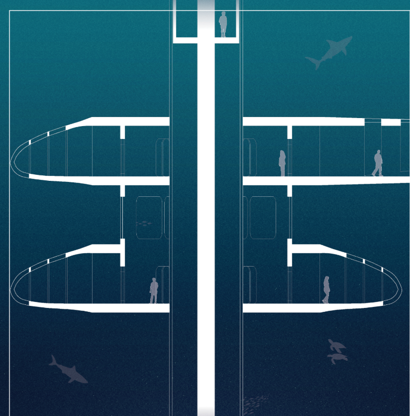Section drawing showing curved floor plates across multiple levels with human figures and swimming sharks