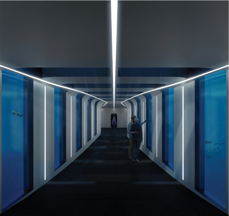 Linear corridor with backlit vertical panels and blue-tinted viewing windows with two visitors conversing