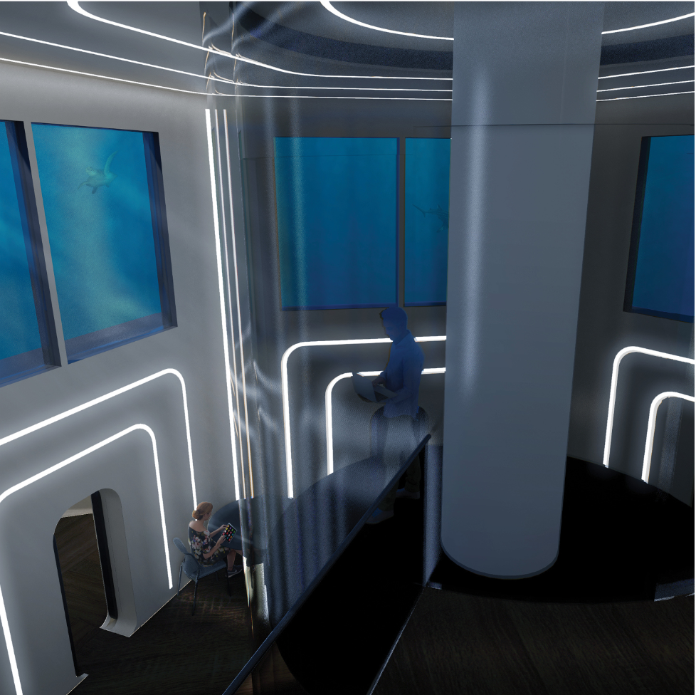 Double-height interior space with curved white railings and large aquarium windows overlooking blue water