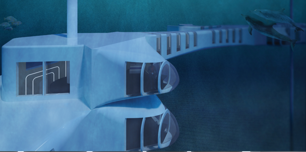 Exterior view of white volumetric forms with circular openings and sharks swimming past the structure