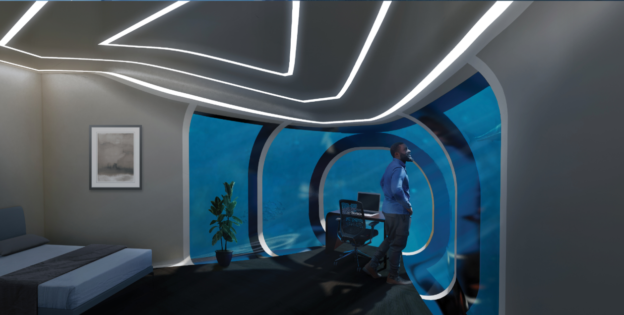Workspace with rounded viewing window frames looking into blue water with a figure at a desk