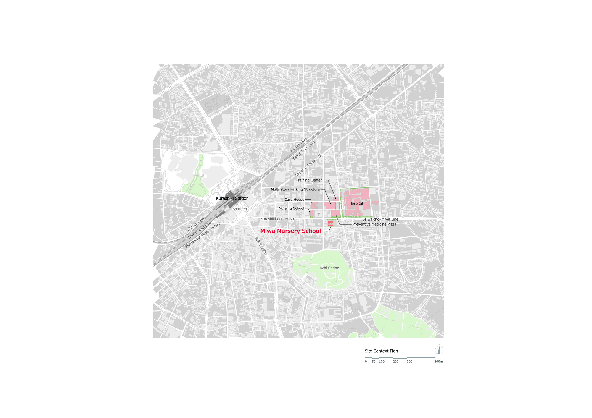 Site plan drawing showing the facility location within the surrounding urban context