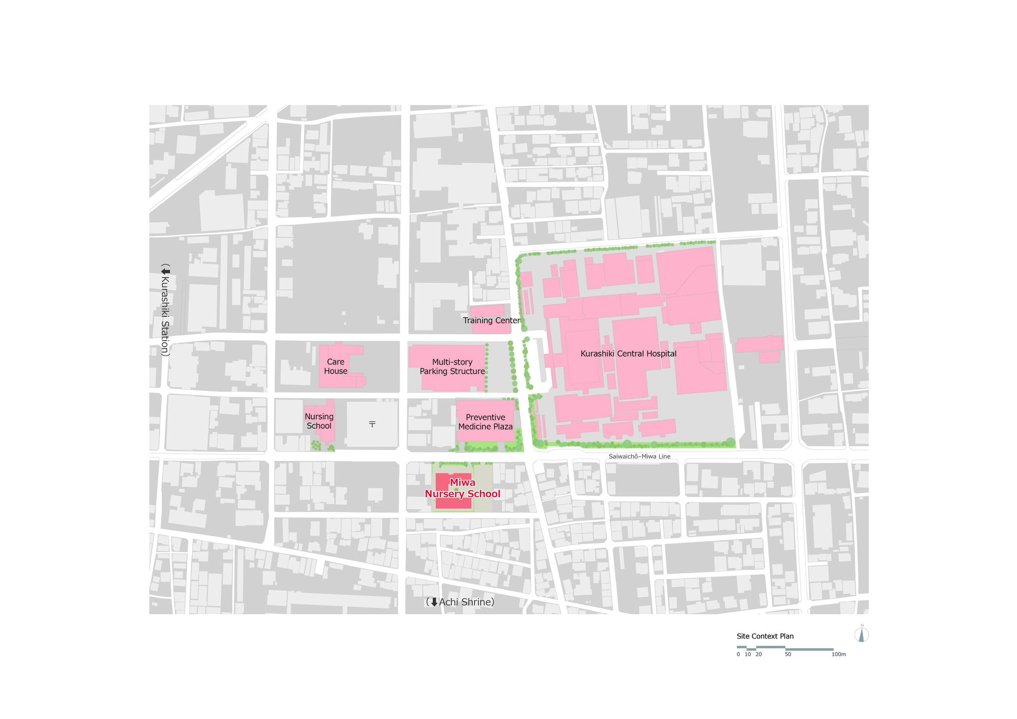 Site context plan showing the project in pink amongst surrounding urban blocks and streets
