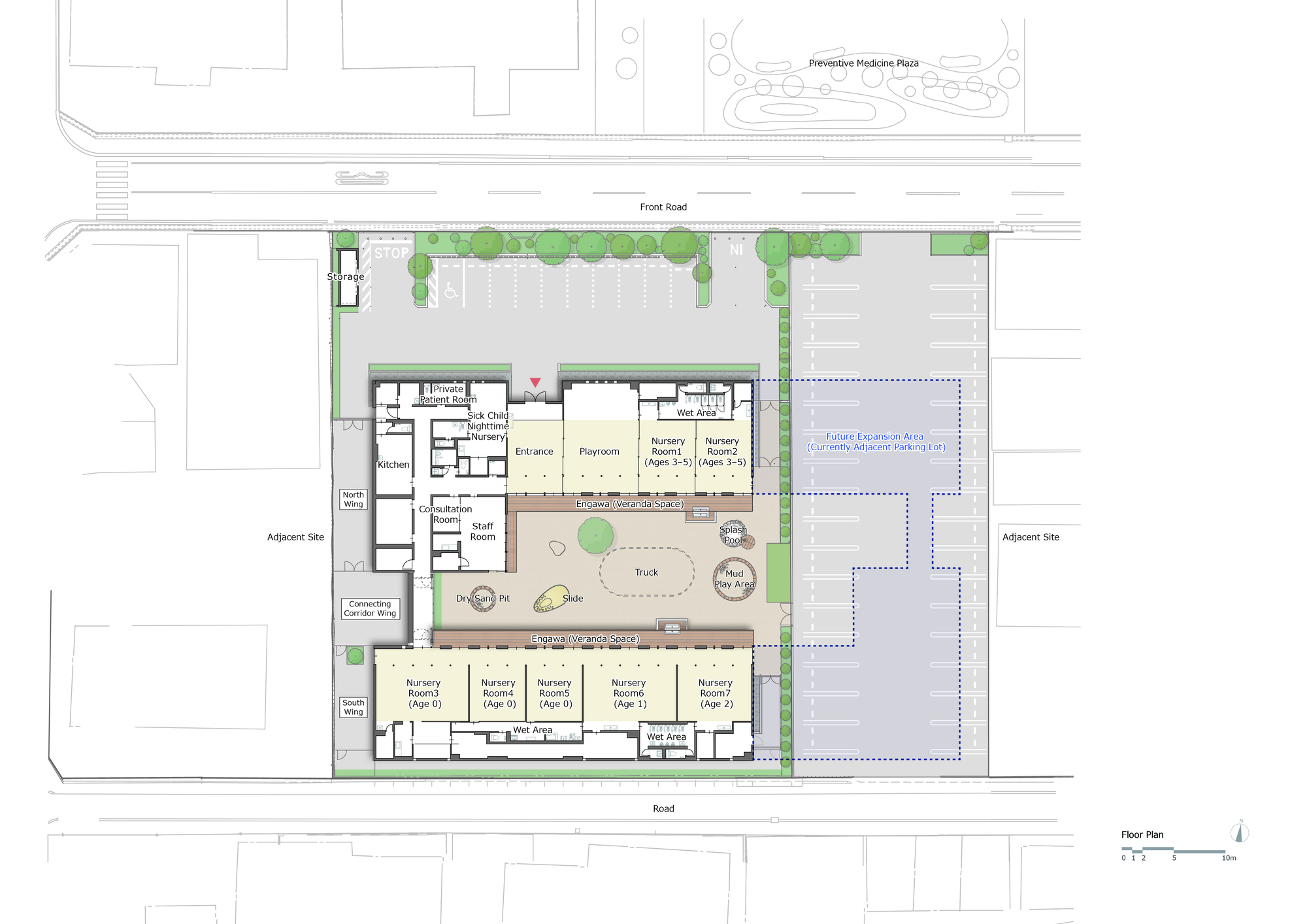 Floor plan drawing with central courtyard surrounded by classroom wings and adjacent parking area