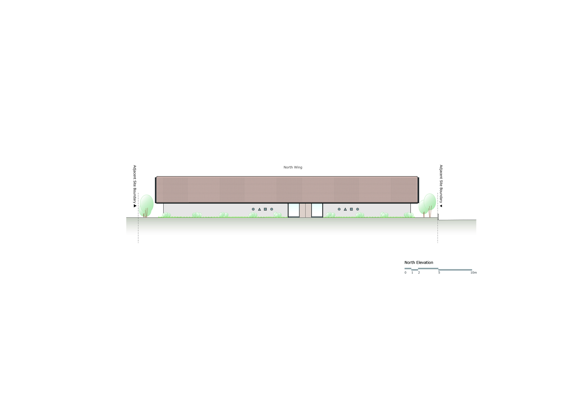 North elevation drawing showing the low horizontal volume with central entrance flanked by planted areas