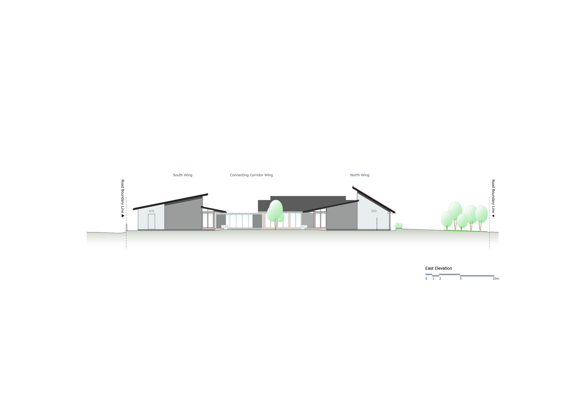 East elevation drawing depicting two gabled wings connected by a central corridor with trees
